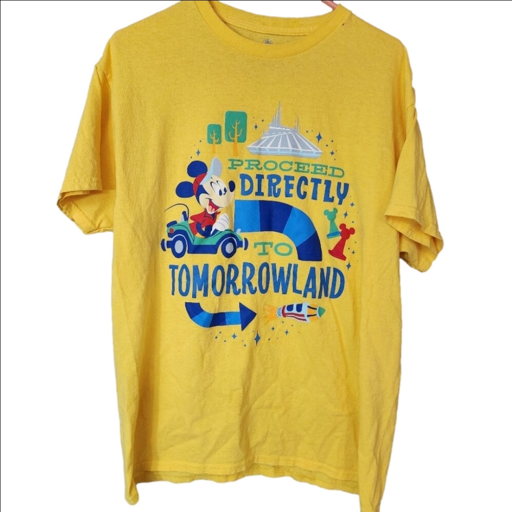 3/$25 Disney yellow Proceed Directly to Tomorrowland Tee shirt Men's Large